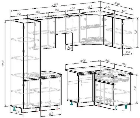 Готовая кухня ВерсоМебель Эко-7 1.4x2.6 правая (дуб крафт белый/антрацит/ст.мрамор итальянский)