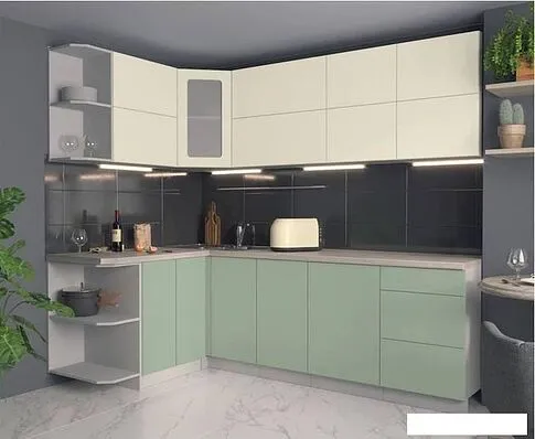 Угловая кухня Интерлиния Мила Матте 1.5x2.5 А левая (слоновая кость/мята/травертин серый)