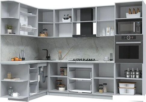 Готовая кухня Интерлиния Берес 1.68x2.8 ВТ левая (дуб снежный/серый каспий)