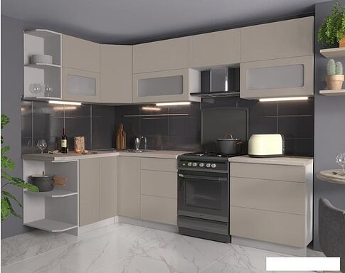 Угловая кухня Интерлиния Мила Матте 1.5x2.7 Б левая (луна/луна/травертин серый)