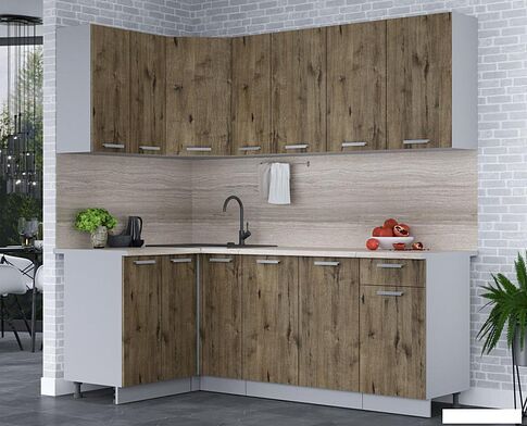 Готовая кухня Интерлиния Мила Лайт 1.2x2.1 (дуб веллингтон/дуб веллингтон/травертин серый)