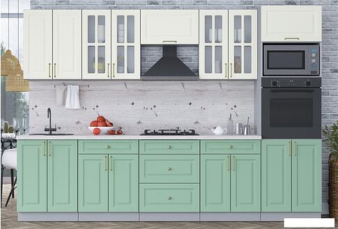 Готовая кухня Интерлиния Мила Шато 3.0В (белый/мята/бискайская сосна)