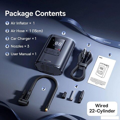 Автомобильный компрессор Baseus GoTrip VA1 Super Mini Wired Inflator 22-Cylinder Cosmic Black C0119701