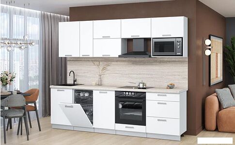 Готовая кухня Интерлиния Мила Лайт 2.6-ПМ4 (белый платинум/белый платинум/травертин серый)