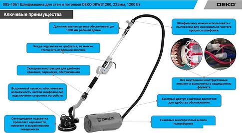 Шлифмашина для стен и потолков Deko DKWS1200 085-1061