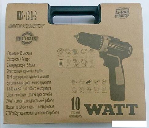 Дрель-шуруповерт WATT WAS-12 Li-2 101202712 (с 2мя АКБ)