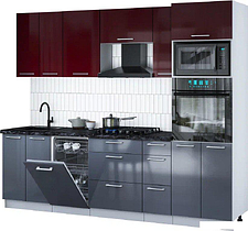 Готовая кухня Интерлиния Мила Gloss 2.55-ПМ3 (асфальт глянец/бордовый глянец/кастилло темный)