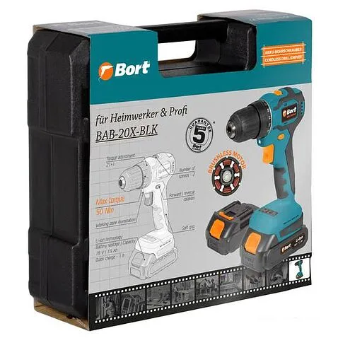 Дрель-шуруповерт Bort BAB-20X-BLK (с 2-мя АКБ, кейс)
