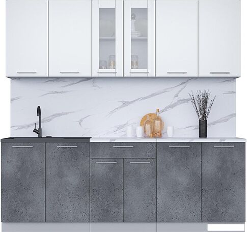 Готовая кухня Интерлиния Мила 22 (белый платинум/бетон портленд/белый гранит)