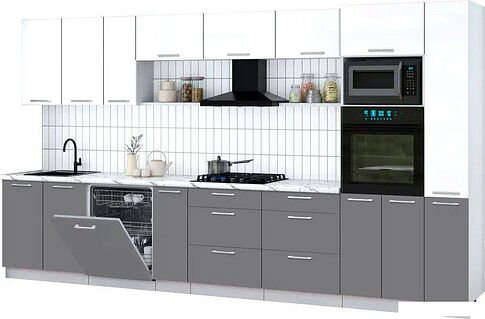 Готовая кухня Интерлиния Мила Gloss 3.8-ПМ1 (серый/белый глянец/белый гранит)