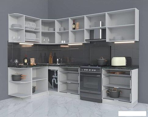 Готовая кухня Интерлиния Мила Матте 1.5x2.9 Б правая (луна-луна-травертин серый)