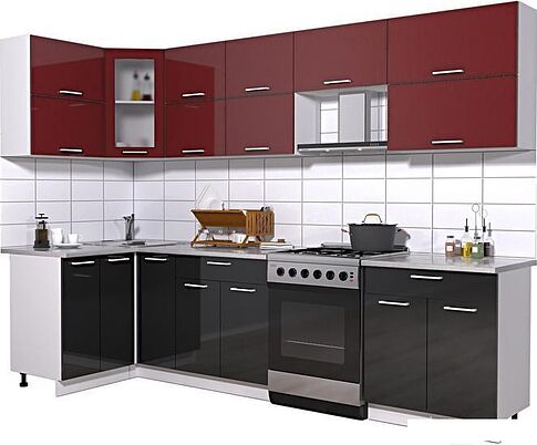 Угловая кухня Интерлиния Мила Gloss 60-12x29 (бордовый/черный глянец)