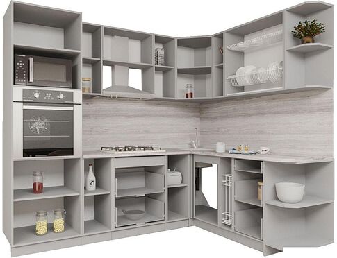 Готовая кухня Интерлиния Мила Gloss 1.88x2.4 правая (белый софт/белый софт/травертин серый)