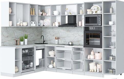 Готовая кухня Интерлиния Мила Лайт 1.896х2.98 (белый платинум/белый платинум/травертин серый)