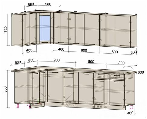 Готовая кухня Интерлиния Мила 12x26 (белый платинум/бетон портленд/белый гранит)