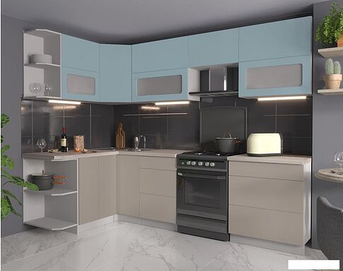 Угловая кухня Интерлиния Мила Матте 1.5x2.7 Б левая (океан/луна/травертин серый)