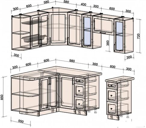 Готовая кухня Интерлиния Тренд 1.5x2.2 левая (мята/мята/дуб бунратти)