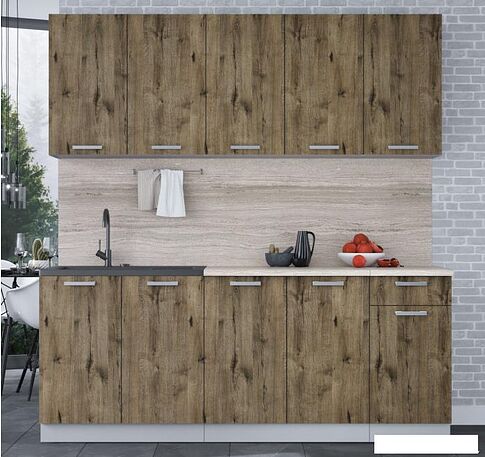 Готовая кухня Интерлиния Мила Лайт 2.0 (дуб веллингтон/дуб веллингтон/травертин серый)