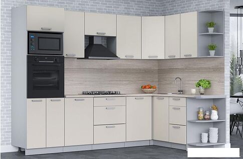 Готовая кухня Интерлиния Мила Лайт 1.68x2.8 правая (персидский жемчуг/перс. жемчуг/травертин серый)