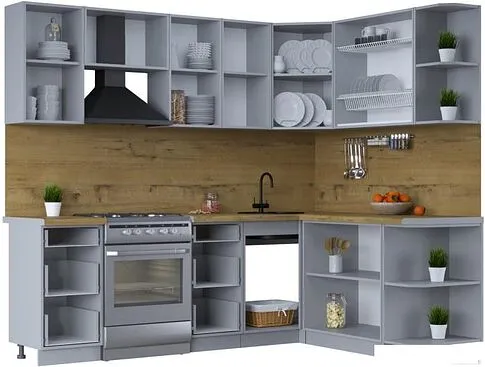 Готовая кухня Интерлиния Тренд 1.7x2.4 правая (луна/луна/бискайская сосна)