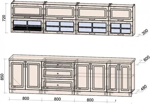 Готовая кухня Интерлиния Мила Шато 3.0Б (пепел/пепел/опал светлый)
