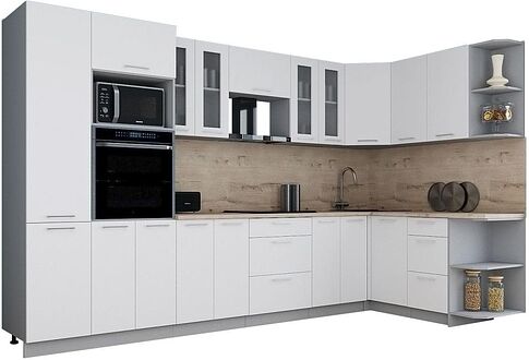 Готовая кухня Интерлиния Мила Gloss 1.68x3.4 правая (белый софт/белый софт/травертин серый)