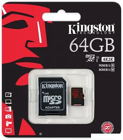 Карта памяти Kingston microSDXC UHS-I U3 (Class 10) 64GB (SDCA3/64GB)