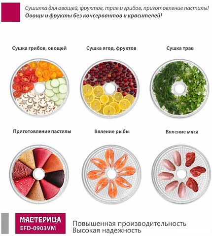 Сушилка для овощей и фруктов Мастерица EFD-0903VM (6 прозрачных поддонов + 3 белых поддона)