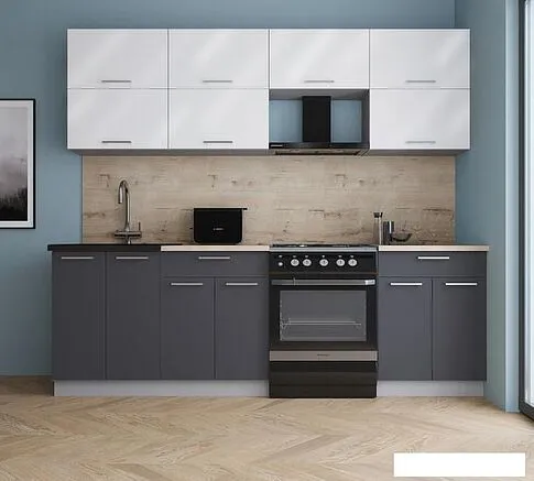Готовая кухня Интерлиния Мила Gloss 60-24 (белый глянец/графит софт/травертин серый)