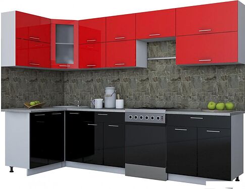 Угловая кухня Интерлиния Мила Gloss 60-12x30 (красный/черный глянец)