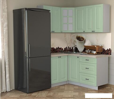 Угловая кухня Интерлиния Мила Деко 1.2x1.6 (мята/травертин серый)