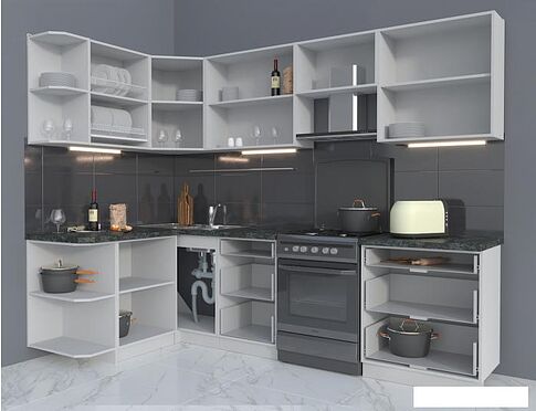 Угловая кухня Интерлиния Мила Матте 1.5x2.7 Б левая (луна/луна/травертин серый)