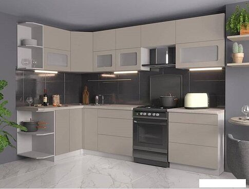 Готовая кухня Интерлиния Мила Матте 1.5x2.9 Б правая (луна-луна-травертин серый)