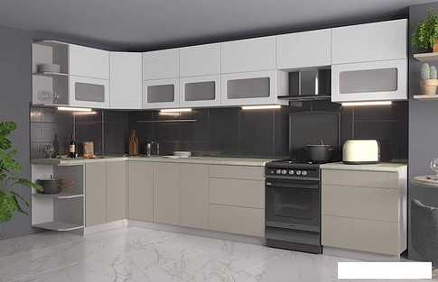 Готовая кухня Интерлиния Мила Матте 1.5x3.8 Б правая (белый-луна-опал светлый)