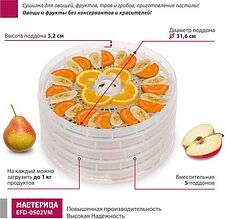 Сушилка для овощей и фруктов Мастерица EFD-0502VM (5 прозрачных поддонов и 1 поддон для пастилы) Сушилка для овощей и фруктов Мастерица EFD-0502VM (5 прозрачных поддонов и 1 поддон для пастилы)