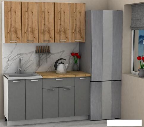 Готовая кухня ЭлиГард Lion 1.5 (дуб натуральный/дымчатый алмаз/дуб бунратти)