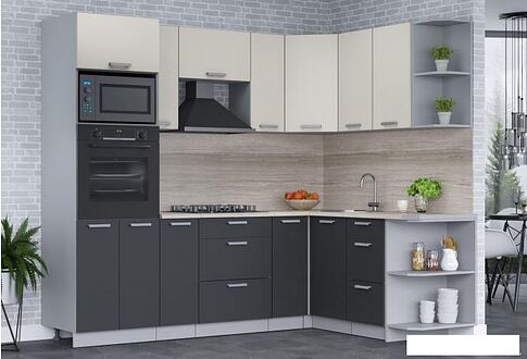 Готовая кухня Интерлиния Мила Лайт 1.68x2.4 правая (персидский жемчуг/антрацит/травертин серый)