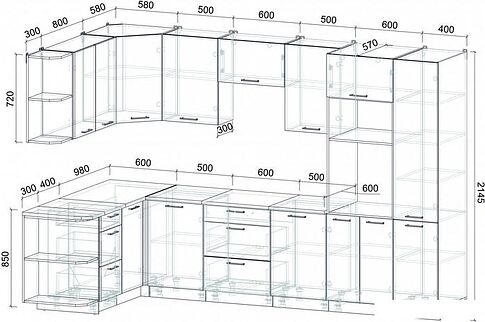 Готовая кухня Интерлиния Мила Лайт 1.68x3.2 левая (серебро/дуб веллингтон/белый гранит)