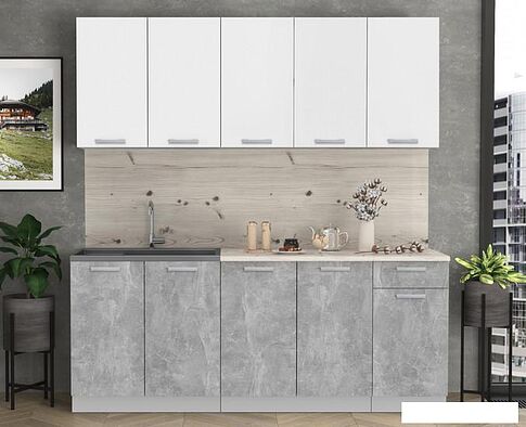 Готовая кухня Интерлиния Мила Лайт 2.0 (белый платинум/бетон/бискайская сосна)