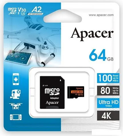 Карта памяти Apacer microSDXC AP64GMCSX10U8-R 64GB (с адаптером)
