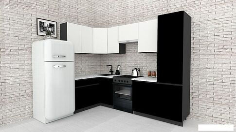 Готовая кухня ВерсоМебель Эко-7 1.4x2.6 левая (белый фасадный/черный/ст.мрамор итальянский)