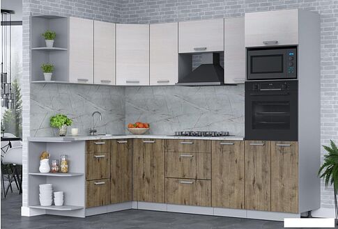 Готовая кухня Интерлиния Мила Лайт 1.68x2.6 левая (вудлайн кремовый/дуб веллингтон/серый каспий)