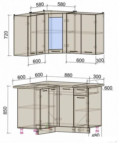 Готовая кухня Интерлиния Мила 12x12 (бетон лайт-антрацит-опал светлый)