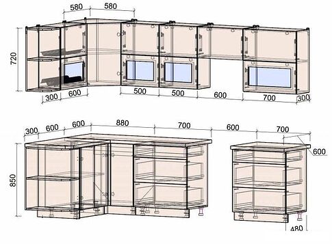 Готовая кухня Интерлиния Мила Матте 1.5x2.9 Б правая (луна-луна-травертин серый)