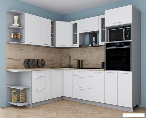 Готовая кухня Интерлиния Мила Gloss 1.88x2.4 левая (белый софт/белый софт/травертин серый)