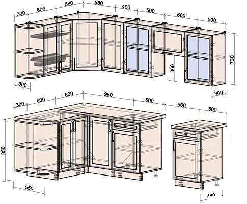 Готовая кухня Интерлиния Тренд 1.5x2.6 левая (луна/луна/бискайская сосна)