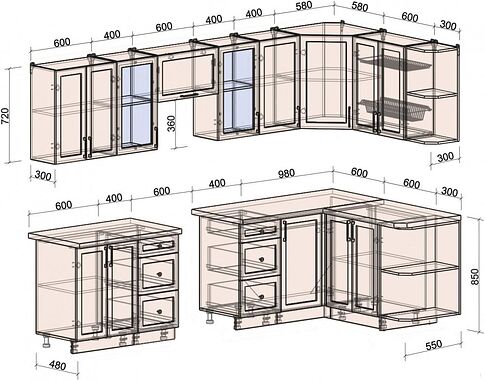 Готовая кухня Интерлиния Тренд 1.5x3.0 правая (луна/луна/бискайская сосна)