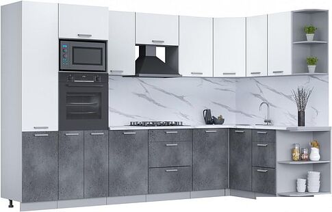 Готовая кухня Интерлиния Мила Лайт 1.68x3.2 правая (белый платинум/бетон портленд/белый гранит)