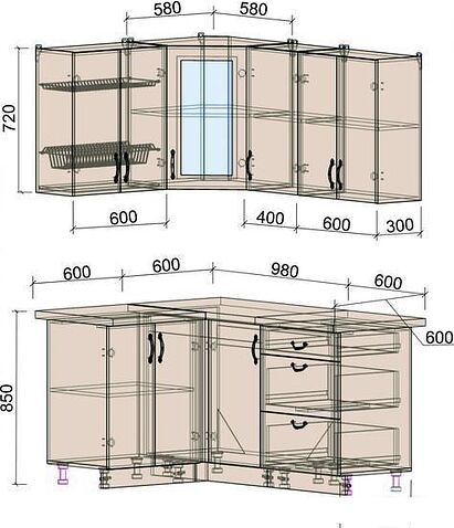 Готовая кухня Интерлиния Мила Крафт 1.2x1.6 (дуб королевский)