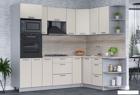 Готовая кухня Интерлиния Мила Лайт 1.68x2.4 правая (персидский жемчуг/перс. жемчуг/травертин серый)